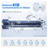 A water filter cartridge with water splashing around it, illustrating its filtration capabilities and listing the contaminants it reduces. Náhled obrázku produktu