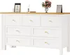 A white dresser with a wooden top and gold knobs is shown against a white background. Decorative items are placed on top of the dresser. Podgląd zdjęcia produktu