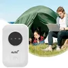 Weißer 4G/5G-tragbarer WLAN-Router mit Signal- und Batterieanzeigen, vor einem Hintergrund mit campenden Personen Náhľad obrázku produktu