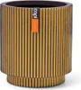 A close-up studio shot of a cylindrical planter with a ribbed gold exterior and a black interior. Produktbild-Vorschau