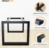 A black metal table leg frame is shown with close-up insets highlighting mounting holes, profile dimensions, and adjustable feet. Produktbild-Vorschau