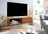 A modern living room with a wall-mounted TV and media console made of solid wood. Produktbild-Vorschau