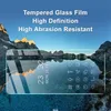 A smartphone screen protector is shown with a scenic mountain and lake reflection on it, displaying a digital clock and app icons. Produktbild-Vorschau