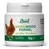 A white plastic container of Hühner Land Wormwood Formel for chickens, with a picture of a chicken and text labels. Produktbild-Vorschau
