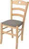 A wooden chair with a padded seat.