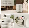 A collage of images showing a beige storage ottoman from different angles, including its interior storage space. Náhled obrázku produktu