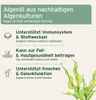 A marketing image with text describing the benefits of algae oil, accompanied by illustrative icons and a watercolor illustration of seaweed. Produktbild-Vorschau