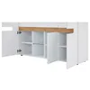 A white and wood-effect sideboard with its doors open, revealing shelves and a glass shelf. Voir les images du produit