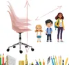 A pink office chair is shown with three children of varying heights standing next to it, implying size comparison. There are also drawing and writing tools at the bottom. Produktbild-Vorschau