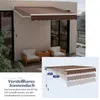 An outdoor patio with furniture and an awning, with a diagram showing the awning's adjustable angles. Produktbild-Vorschau