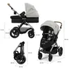 A collage of images showing a Kinderkraft MOOV 2 XL 3in1 Kombikinderwagen from different angles and with dimensions indicated. Voir les images du produit