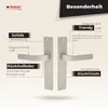 A marketing image showcasing door handles with feature callouts. Produktbild-Vorschau