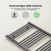 A close-up view of a gray metal radiator rack with text and icons above it. Voir les images du produit