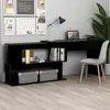 A black desk with a chair and office supplies in a room. Voir les images du produit