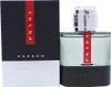 A product shot of Prada Luna Rossa Carbon Eau de Toilette for Men, with its packaging. Produktbild-Vorschau