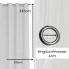 A split image showing a white curtain on the left with dimensions indicated, and a close-up of a curtain ring with its diameter measurement on the right. Produktbild-Vorschau