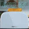 Close-up of a toaster with a slice of toast, with wattage information displayed. Produktbild-Vorschau