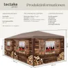 A diagram and product information for a tectake garden pavilion, featuring a rustic chalet design. Náhled obrázku produktu