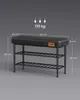 A 3D render of a black shoe bench with two shelves, showing dimensions and weight capacity. Náhled obrázku produktu