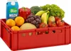 A red plastic crate filled with various fresh fruits and vegetables, along with a carton of milk. Produktbild-Vorschau