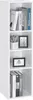 A tall, narrow white bookshelf with four shelves, each containing items. Produktbild-Vorschau