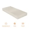 A beige mattress with a ribbed surface is shown on a white background, with three circular icons and text below. Voir les images du produit