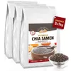 Three bags of chia seeds are shown, with one bag in focus and the other two slightly behind it. A bowl of chia seeds is also visible in the foreground. Produktbild-Vorschau