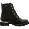 A black lace-up boot with a crocodile-embossed texture and gold trim. Produktbild-Vorschau