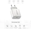 A white USB-C charger with a gray accent, shown from a slightly angled perspective, with icons and text describing its features and compatibility. Produktbild-Vorschau