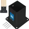A black metal post anchor with a wooden post inserted, along with screws, on a white background. Produktbild-Vorschau