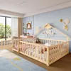 A child's bedroom with a wooden bed frame and a large window. Voir les images du produit