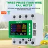 A three-phase four-wire rail meter is shown with its digital display active, featuring various electrical readings. The product is placed on a surface with a blurred background suggesting an indoor setting. Promotional text and logos are overlaid on the im Produktbild-Vorschau