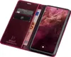 A burgundy leather flip case for a smartphone, showing the inside with card slots and a phone displaying the lock screen. Produktbild-Vorschau