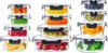 A collection of glass food storage containers filled with various fruits and vegetables, arranged in stacks against a white background. Produktbild-Vorschau