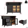 Diagrams and dimensions of a kitchen cart with LED lights, drawers, and glass doors. Podgląd zdjęcia produktu