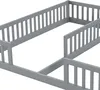 A close-up, angled view of a grey wooden bed frame with guard rails, shown from the side and top. Anteprima dell’immagine prodotto
