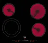 A top-down view of a black ceramic glass induction hob with four cooking zones. Three of the zones are glowing red, indicating they are hot. Voir les images du produit