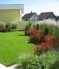 A beautifully landscaped garden with a lawn, ornamental grasses, and houses in the background. Produktbild-Vorschau