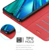 A close-up of a red phone case with a phone inside, showing the screen and the case's interior card slots. Text overlays describe the product's features. Náhled obrázku produktu