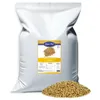A large white bag of birdseed with a pile of birdseed in front of it. A label is attached to the bag. Produktbild-Vorschau