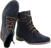 A pair of navy blue suede lace-up boots with brown laces and soles, presented against a white background. Podgląd zdjęcia produktu