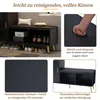 Collage of images showcasing a black shoe cabinet with gold legs and a cushioned top, along with close-ups of its features and text highlighting its benefits. Podgląd zdjęcia produktu