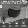 A black wall-hung toilet with accompanying accessories and feature icons. Podgląd zdjęcia produktu