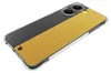 A clear phone case with a gray and yellow design, showing the camera lenses. Produktbild-Vorschau