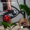 A person is holding a compact vacuum cleaner, with a smaller inset image showing the vacuum cleaner on a shelf. Produktbild-Vorschau