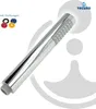 A chrome-plated hand shower with gray accents and several colored rubber rings, with a brand logo and text in the upper right corner. Produktbild-Vorschau