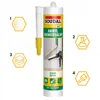 A tube of Soudal white acrylic sealant with various icons and text indicating its features and uses. Produktbild-Vorschau
