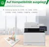A printer is shown next to a business report with charts, with a city skyline visible through a window in the background. Produktbild-Vorschau