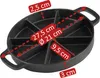 A black cast iron pan with multiple sections, with red text overlays indicating dimensions. Produktbild-Vorschau