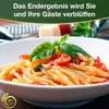 A bowl of pasta with tomatoes and basil, with promotional text at the top. Náhľad obrázku produktu